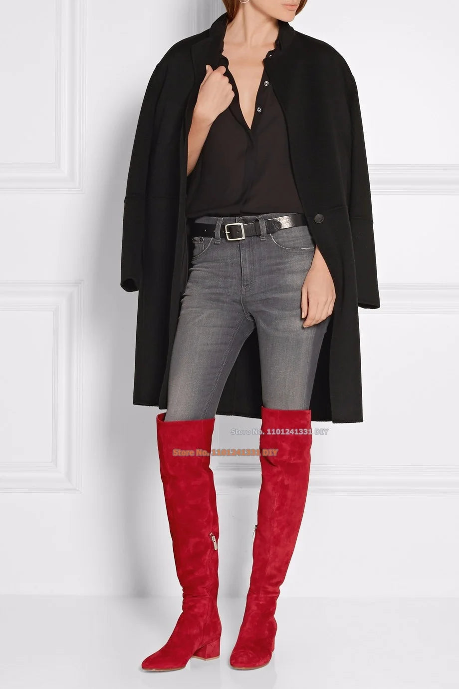 Winter Red Suede Over-The-Knee Boots – Stylish Round Toe, Thick Heels High Boots for Women