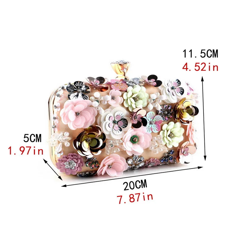 Luxury Floral Diamond Embroidered Clutch – Elegant Evening Handbag with Chain Strap