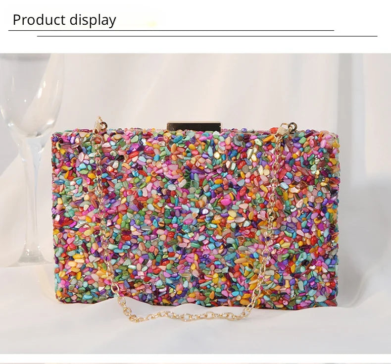 Luxury Colorful Stone Evening Bag – Designer Wedding & Party Crossbody with Chain Wallet