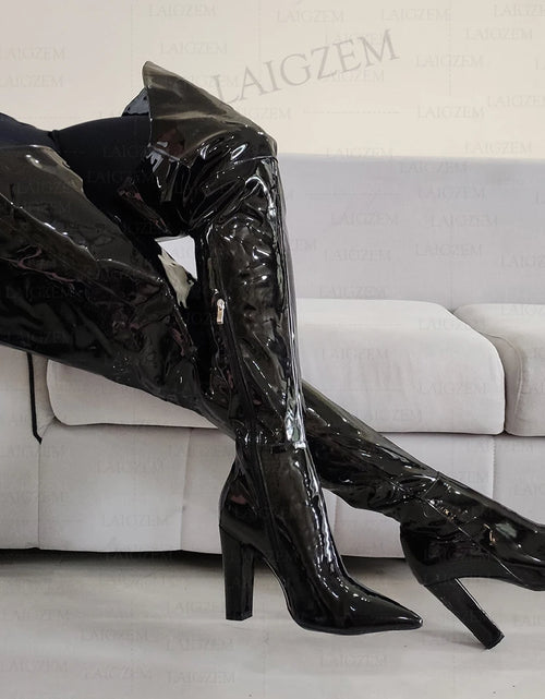 Load image into Gallery viewer, Dazzle in Style: Shiny Thigh-High Boots with Chunky Heels
