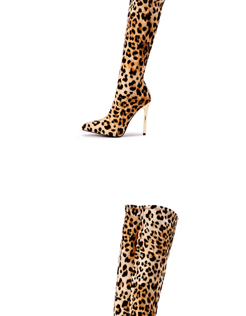 Load image into Gallery viewer, Chic &amp; Bold: Women&#39;s Leopard Print Long Boots with Slim Heels - Sexy, Stylish &amp; Plus-Size Friendly!
