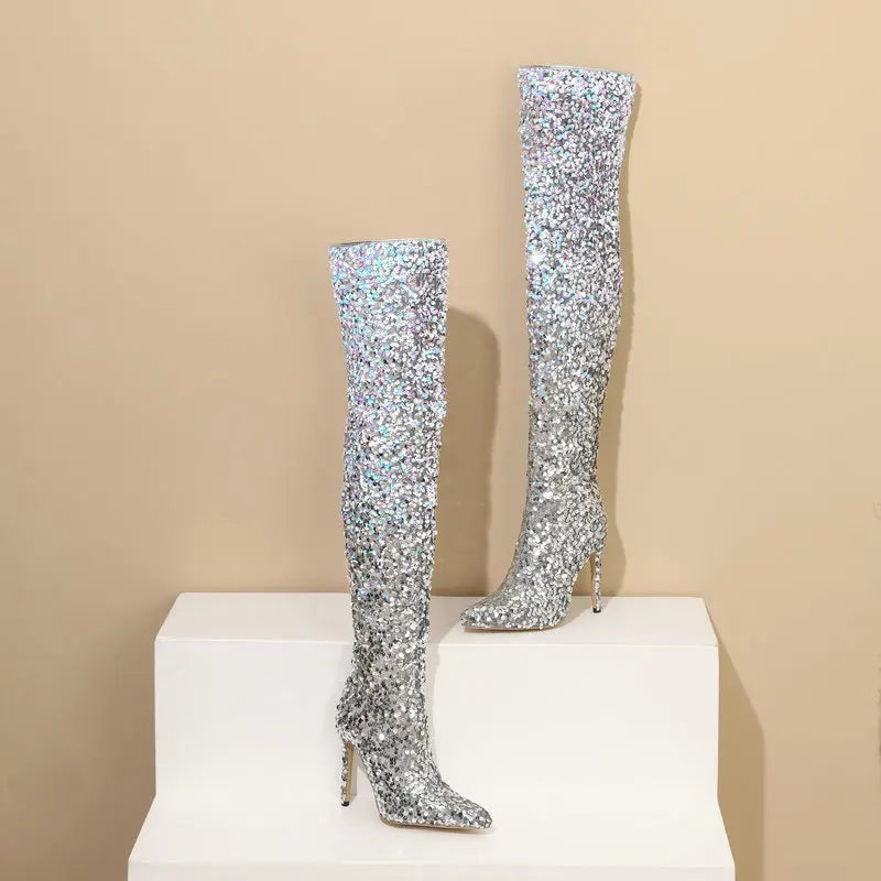 Shimmer & Stride: Gradient Sequin Over-the-Knee Boots with 11CM Heels