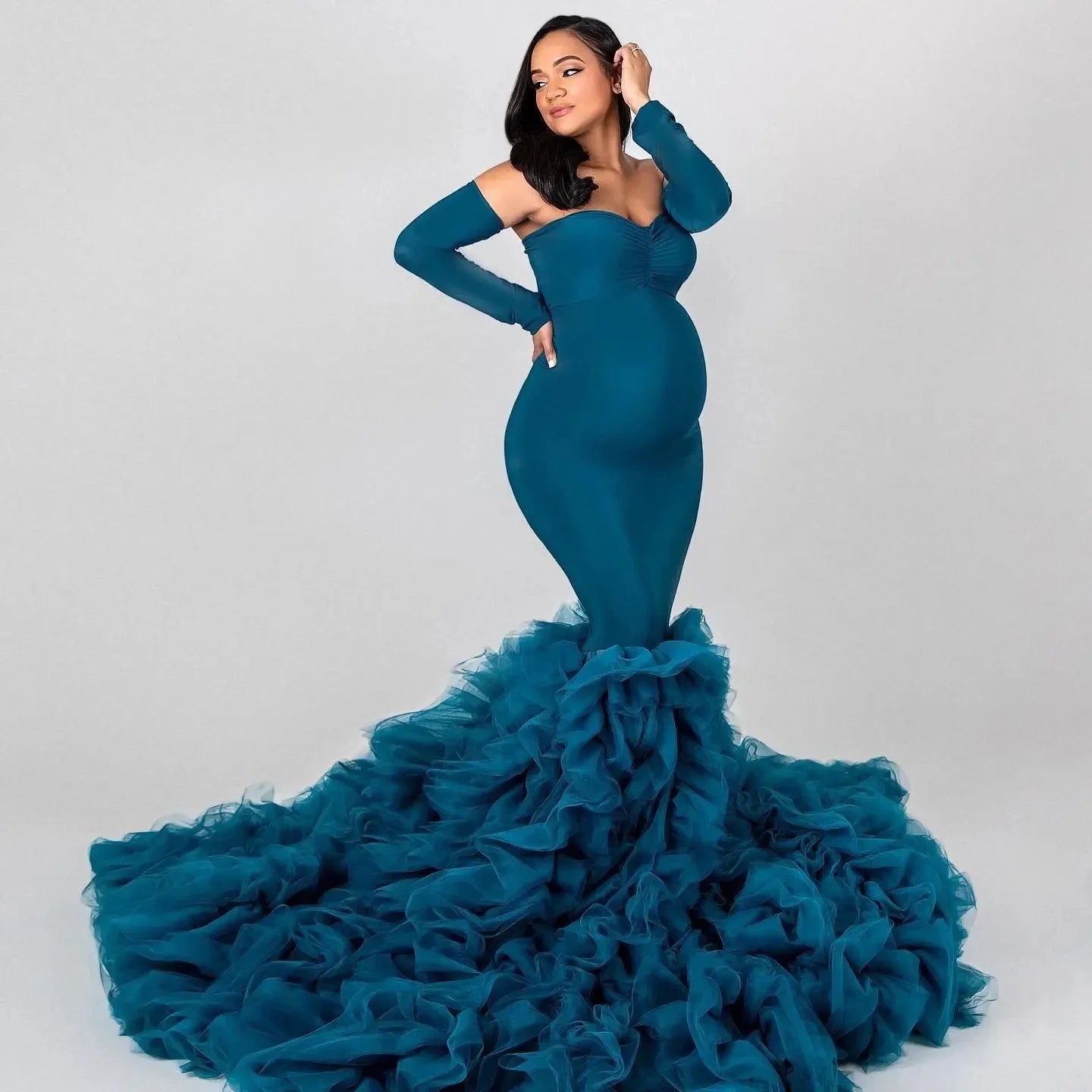 Chic Mermaid Maternity Robe – Off-Shoulder Sweetheart Photo Shoot Gown