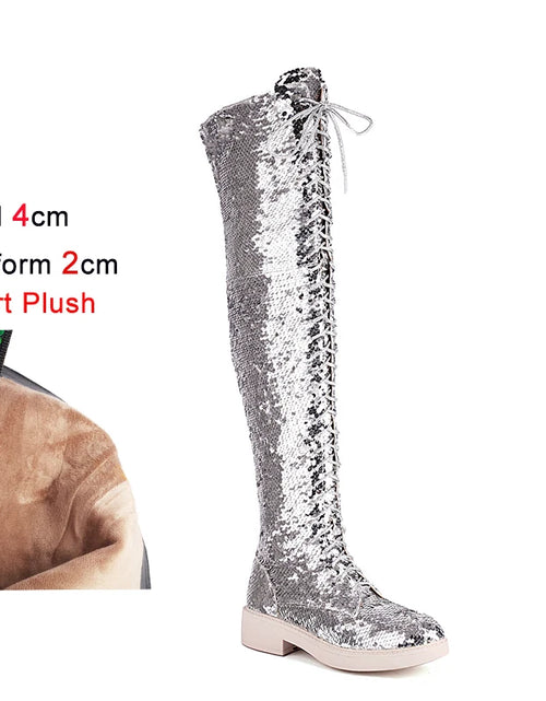 Load image into Gallery viewer, Dazzling Heights: Shiny Sequined Over-the-Knee Boots with Thick Heels
