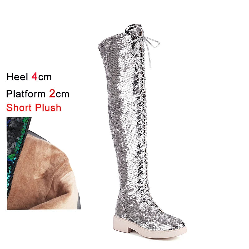 Dazzling Heights: Shiny Sequined Over-the-Knee Boots with Thick Heels