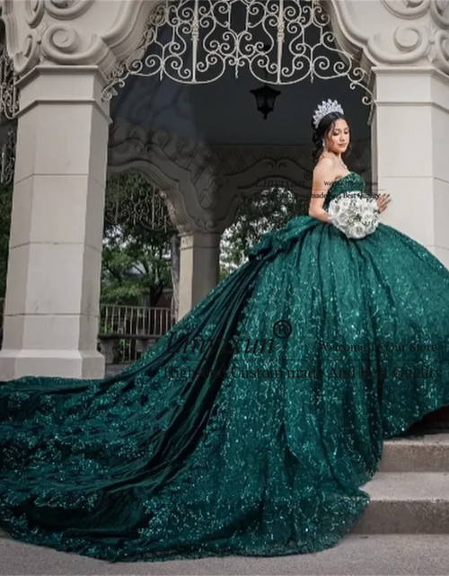 Load image into Gallery viewer, Emerald Enchantment: Luxury Green Lace Ball Gown with Bow and Beaded Appliques
