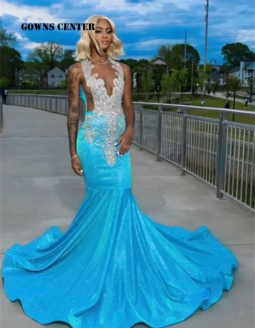 Load image into Gallery viewer, Ethereal Sparkle: Light Blue Long-Sleeve Rhinestone Prom Gown
