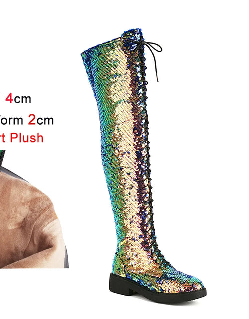 Load image into Gallery viewer, Dazzling Heights: Shiny Sequined Over-the-Knee Boots with Thick Heels
