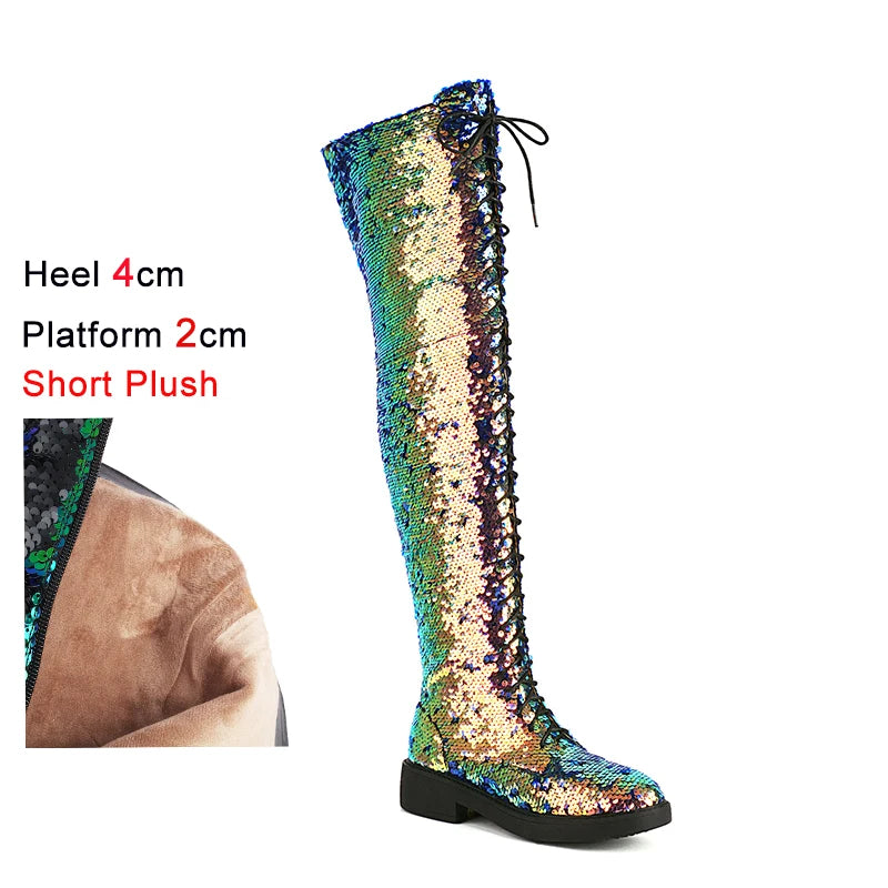 Dazzling Heights: Shiny Sequined Over-the-Knee Boots with Thick Heels