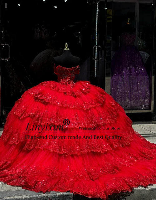 Load image into Gallery viewer, Scarlet Majesty: Sparkly Red Princess Quinceañera Ball Gown with 3D Floral Appliques
