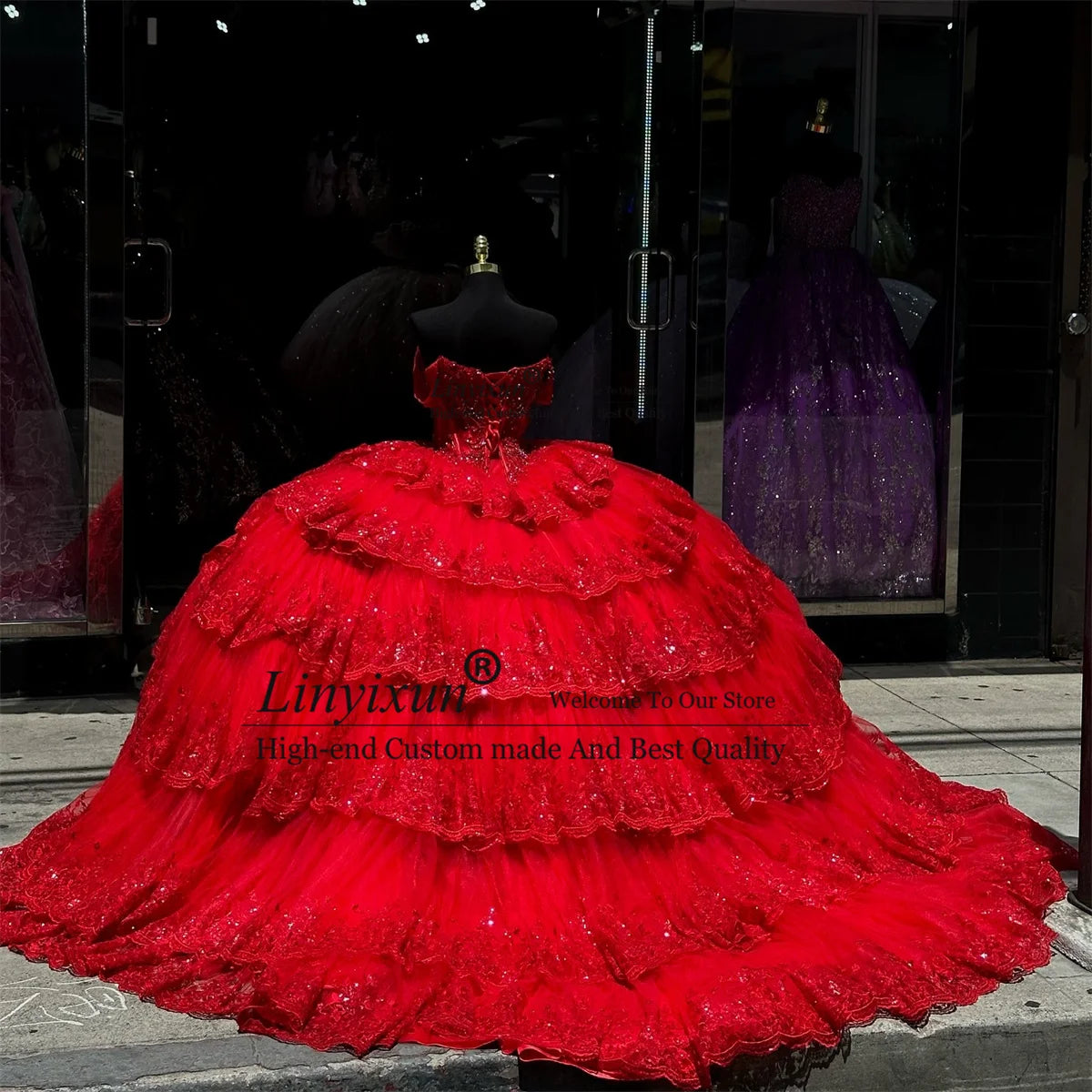 Scarlet Majesty: Sparkly Red Princess Quinceañera Ball Gown with 3D Floral Appliques