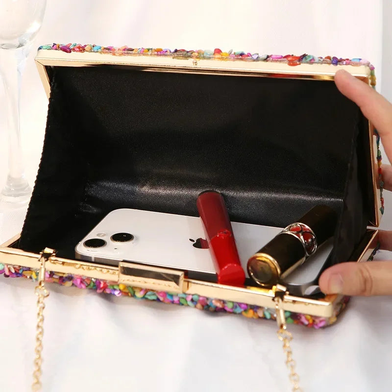 Luxury Colorful Stone Evening Bag – Designer Wedding & Party Crossbody with Chain Wallet