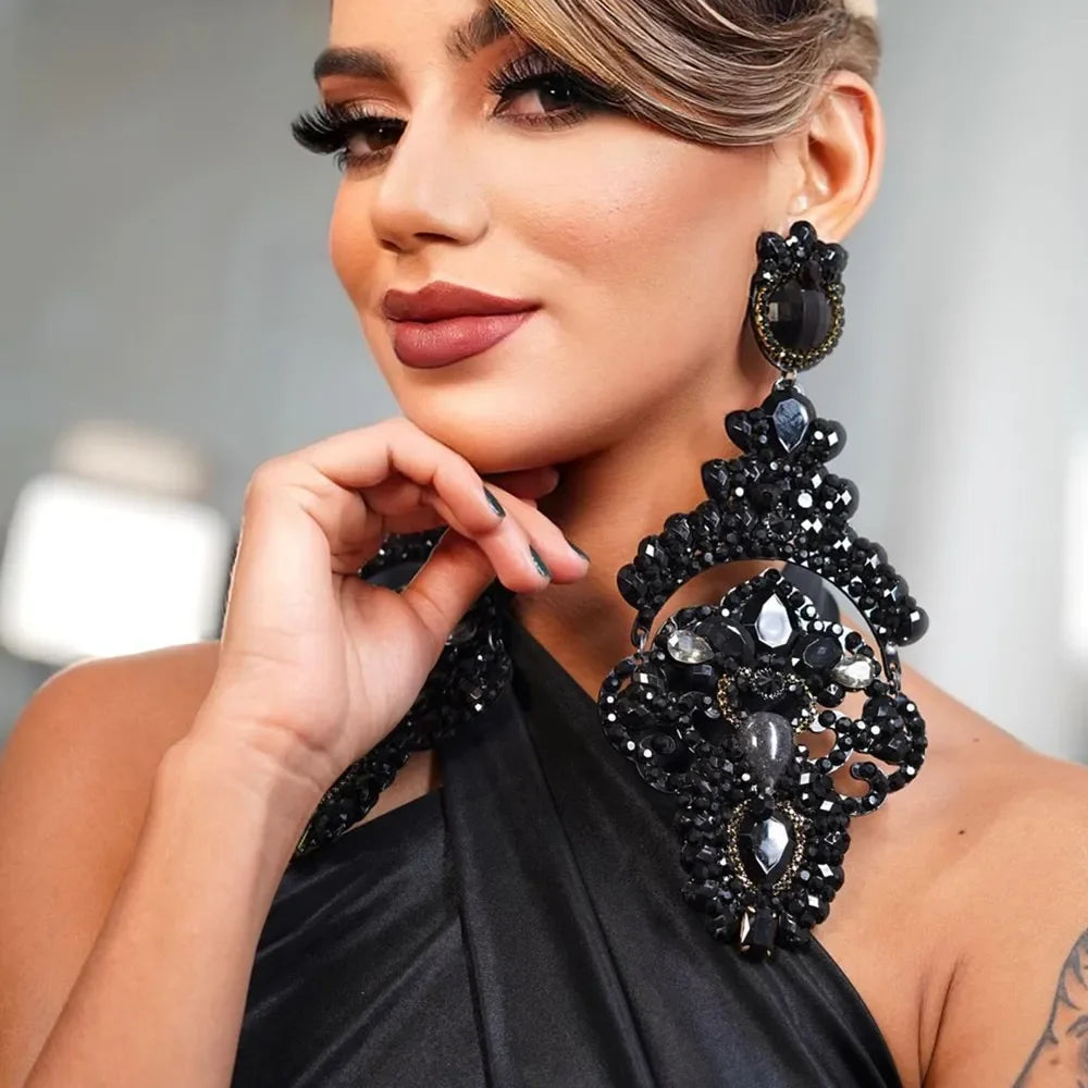 Exaggerated Black Crystal Statement Earrings – Oversized Rhinestone Dangle Prom Jewelry for Women