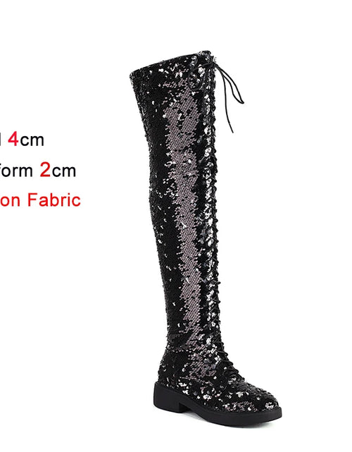 Load image into Gallery viewer, Dazzling Heights: Shiny Sequined Over-the-Knee Boots with Thick Heels
