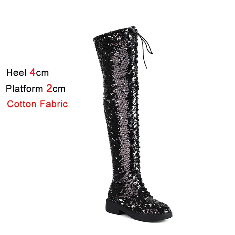 Dazzling Heights: Shiny Sequined Over-the-Knee Boots with Thick Heels