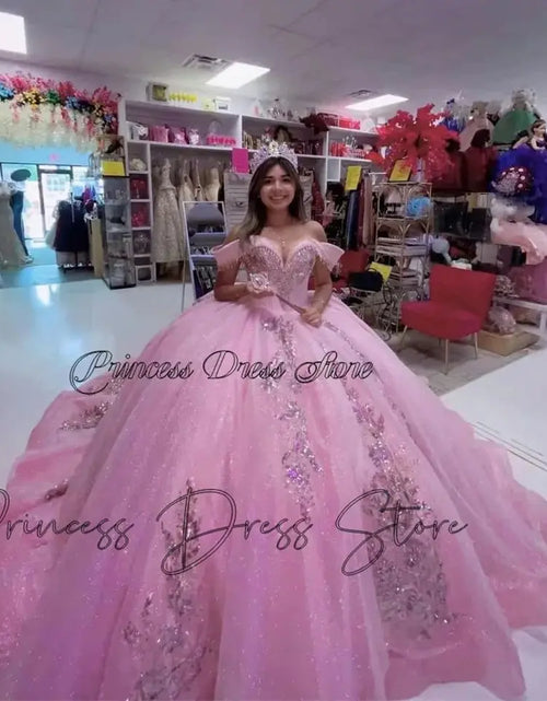 Load image into Gallery viewer, Blushing Royalty: Luxury Pink Princess Quinceañera Ball Gown with 3D Floral Appliques
