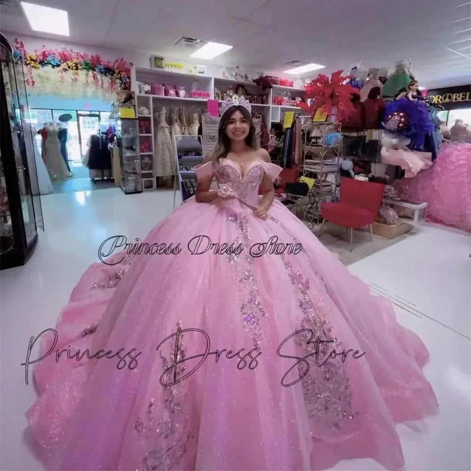 Blushing Royalty: Luxury Pink Princess Quinceañera Ball Gown with 3D Floral Appliques