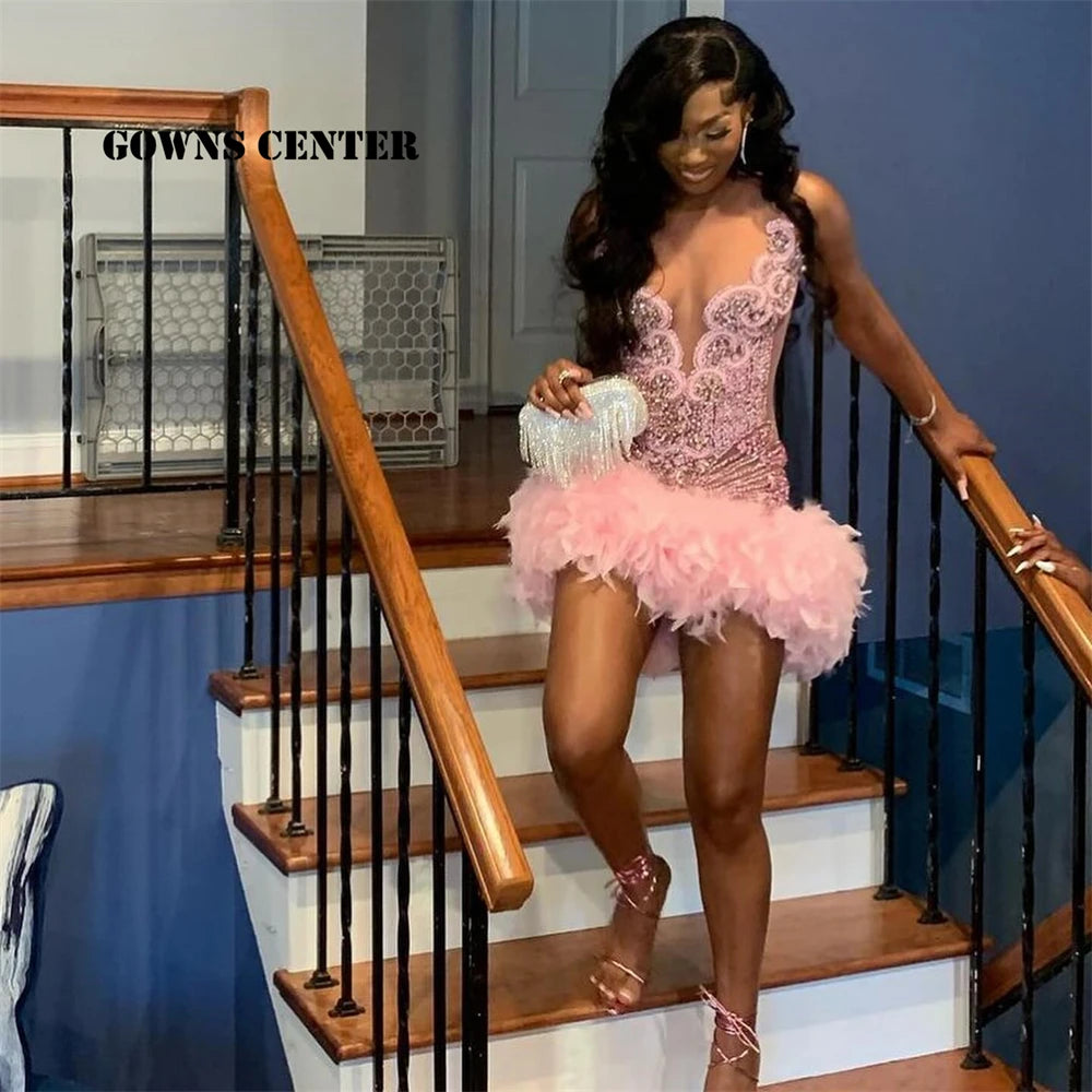 Chic in Blush: Baby Pink Feather Rhinestone Prom & Party Gown