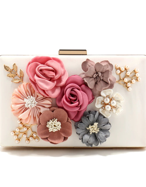 Load image into Gallery viewer, Elegant Pink Floral Evening Bag – Pearl &amp; Diamond Clutch with Glitter Shoulder Chain
