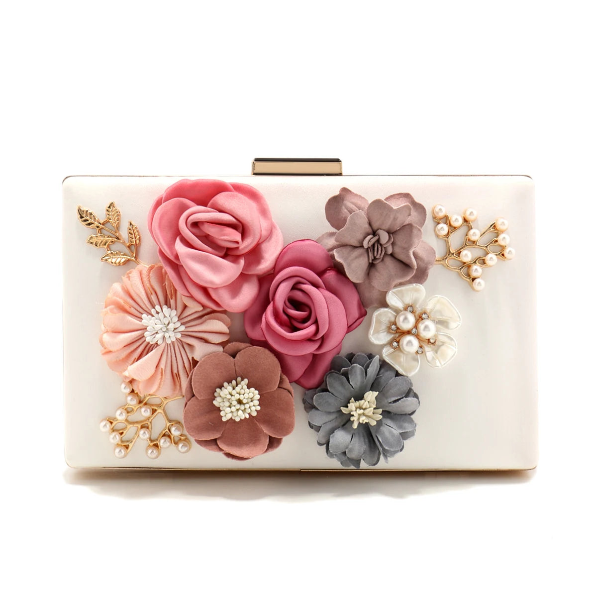 Elegant Pink Floral Evening Bag – Pearl & Diamond Clutch with Glitter Shoulder Chain