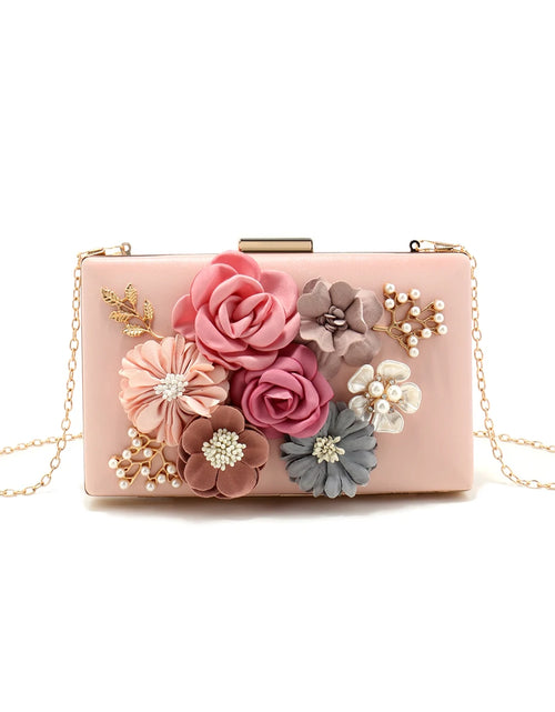 Load image into Gallery viewer, Elegant Pink Floral Evening Bag – Pearl &amp; Diamond Clutch with Glitter Shoulder Chain
