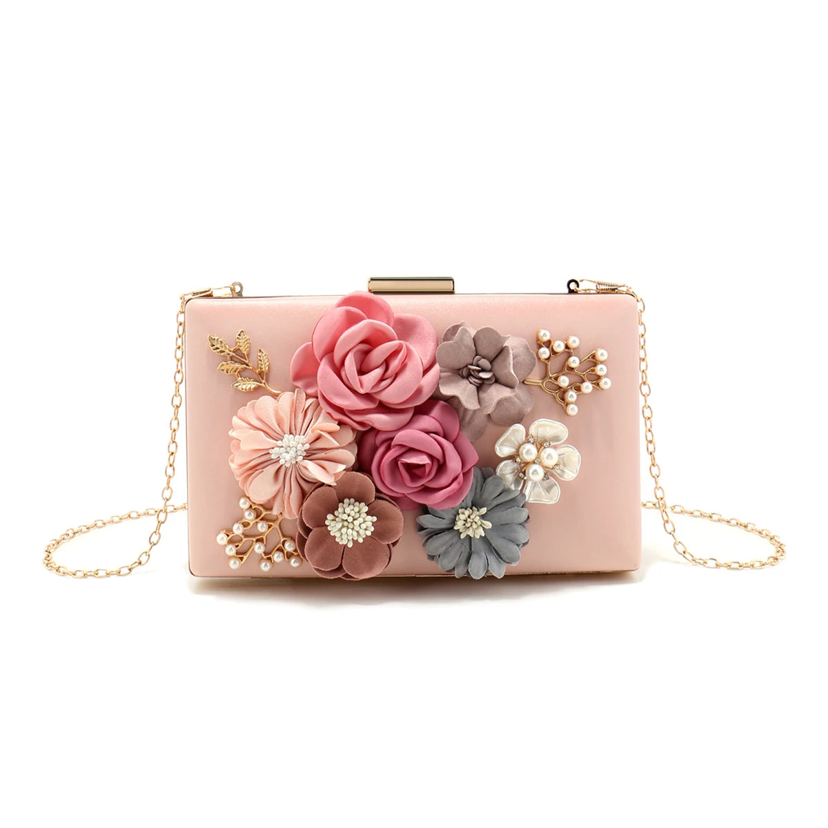 Elegant Pink Floral Evening Bag – Pearl & Diamond Clutch with Glitter Shoulder Chain