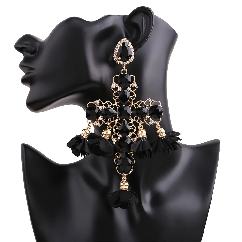 Statement Rhinestone Tassel Drop Earrings – Crystal Dangle Jewelry for Women