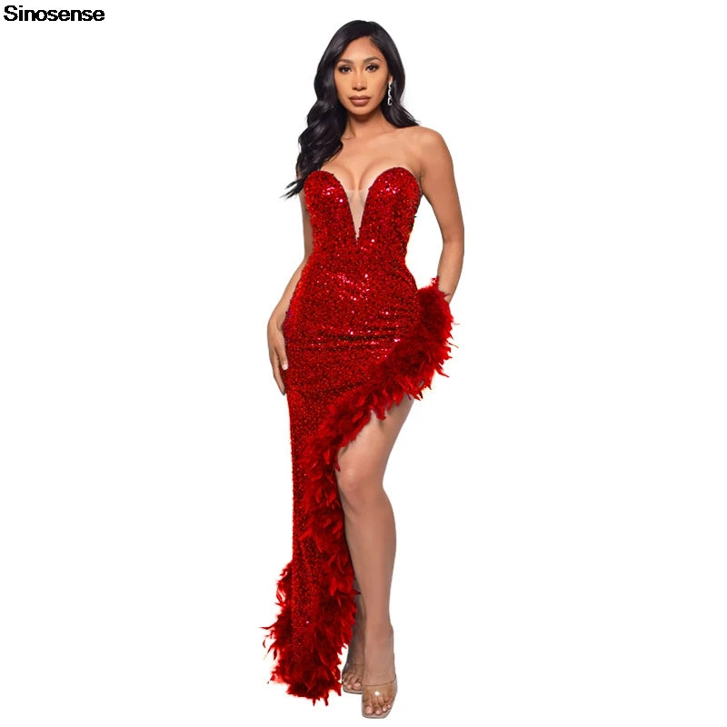 Strapless Sequin Feather Bodycon Dress – Elegant Cocktail & Formal Party Wear for Women