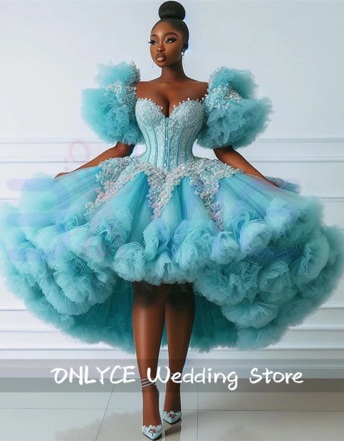 Load image into Gallery viewer, Dazzling Turquoise Glitter Ball Gown with Ruffles &amp; Crystal Rhinestones
