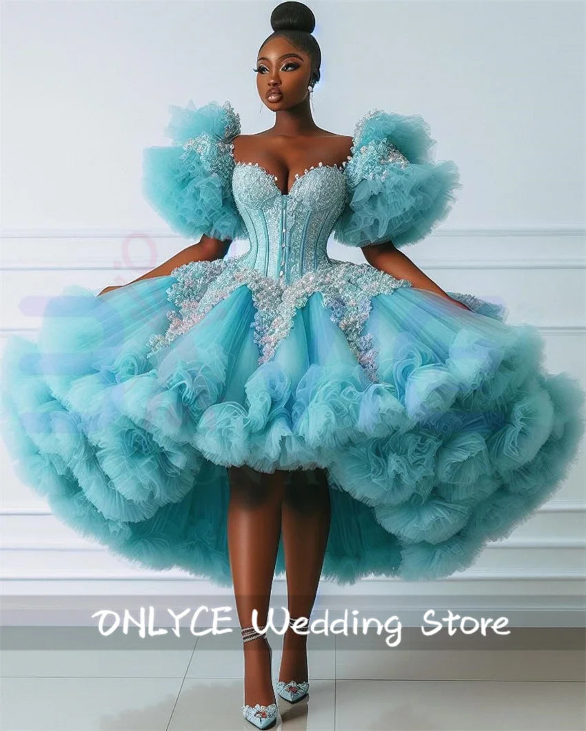 Dazzling Turquoise Glitter Ball Gown with Ruffles & Crystal Rhinestones