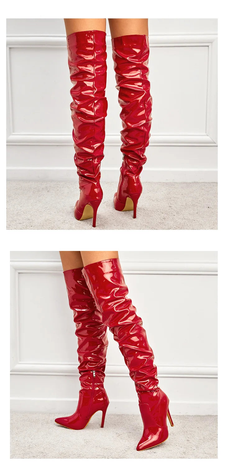 Command Attention: High-Heeled Patent Leather Thigh-High Boots