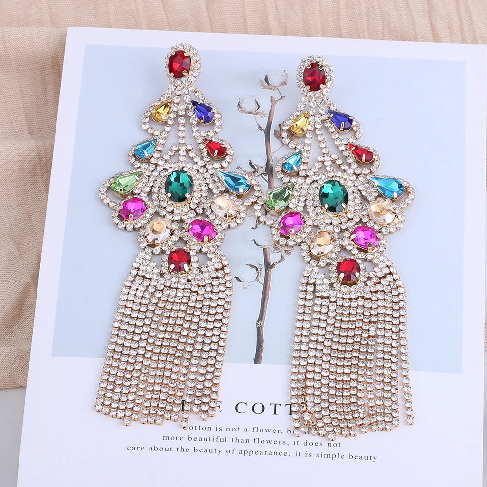 Statement Rhinestone Tassel Drop Earrings – Crystal Dangle Jewelry for Women