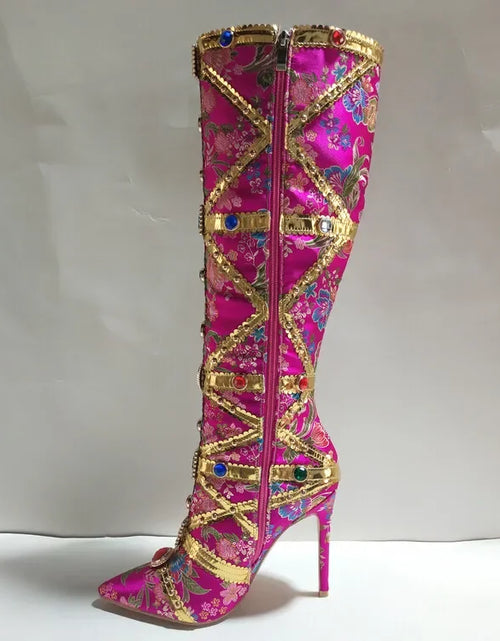 Load image into Gallery viewer, Vibrant Elegance: Colorful Rhinestone Embroidered Mid-Length Ethnic Boots
