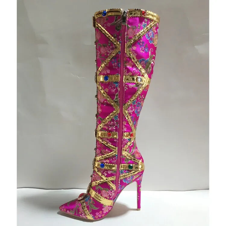 Vibrant Elegance: Colorful Rhinestone Embroidered Mid-Length Ethnic Boots