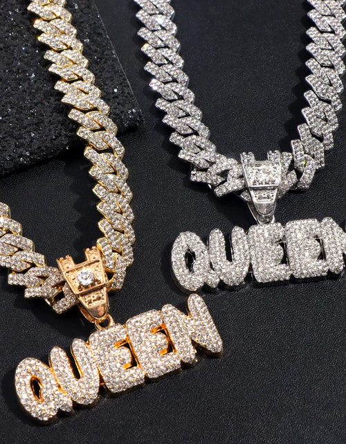 Load image into Gallery viewer, Iced Out Full Rhinestones KING QUEEN Letter Pendant Necklace 14mm Miami Rhombus Cuban Chain Hip Hop Necklaces Jewelry
