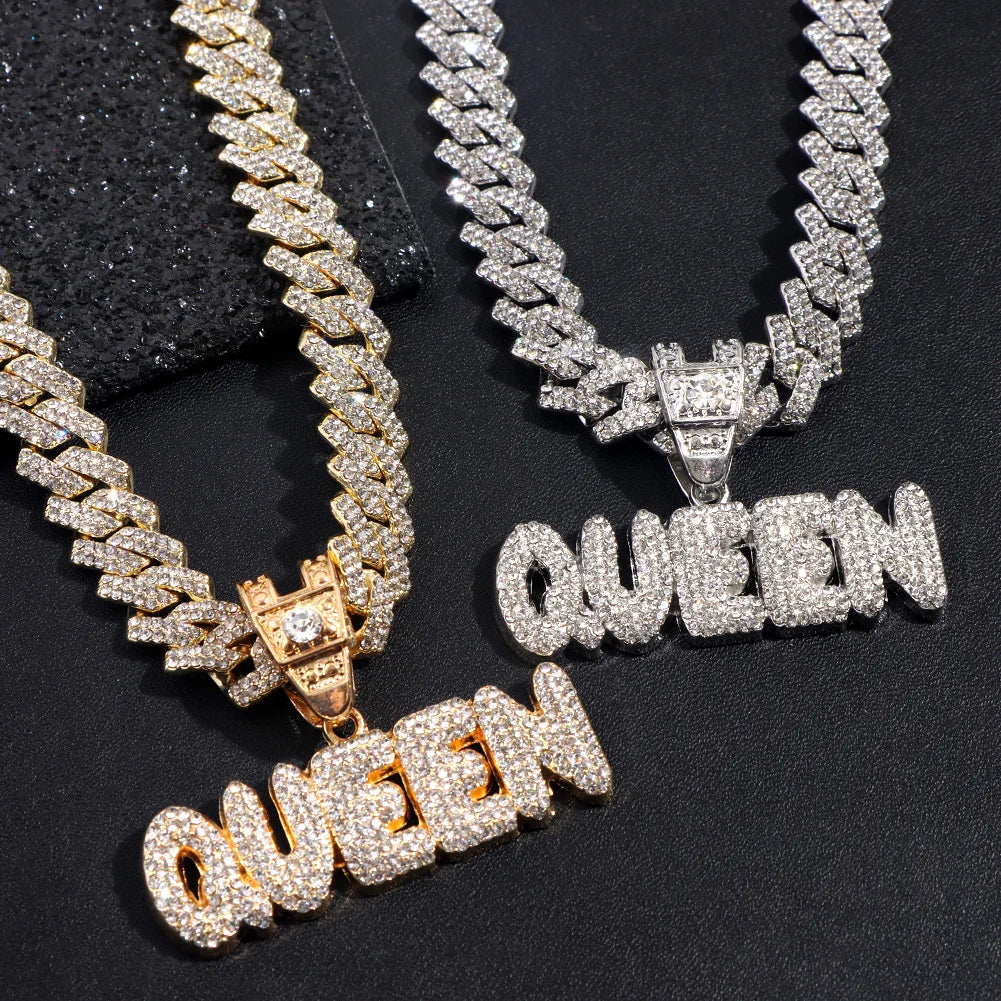 Iced Out Full Rhinestones KING QUEEN Letter Pendant Necklace 14mm Miami Rhombus Cuban Chain Hip Hop Necklaces Jewelry