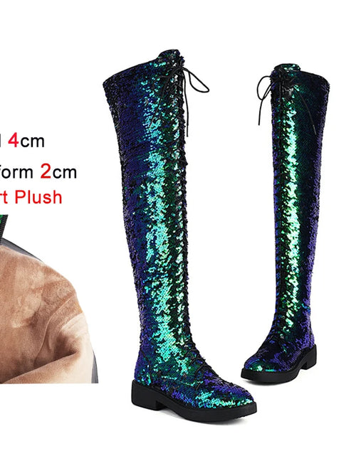 Load image into Gallery viewer, Dazzling Heights: Shiny Sequined Over-the-Knee Boots with Thick Heels
