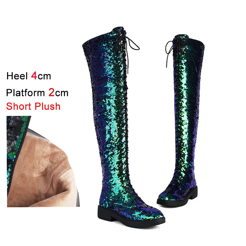 Dazzling Heights: Shiny Sequined Over-the-Knee Boots with Thick Heels