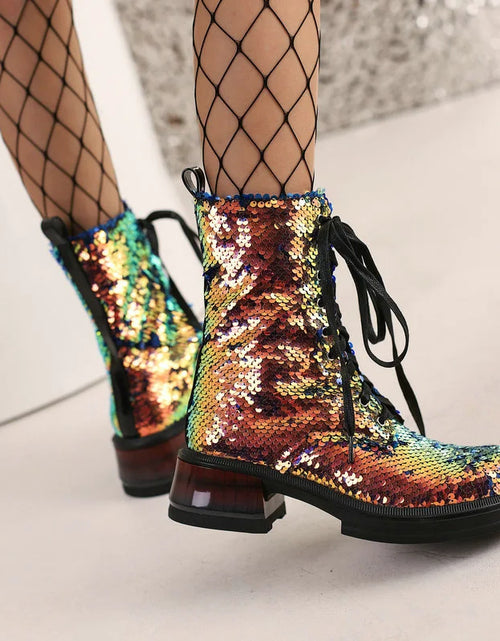 Load image into Gallery viewer, Sparkle &amp; Comfort: Sequined Platform Ankle Boots with Square Heels
