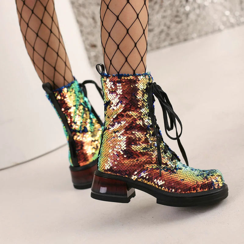 Sparkle & Comfort: Sequined Platform Ankle Boots with Square Heels