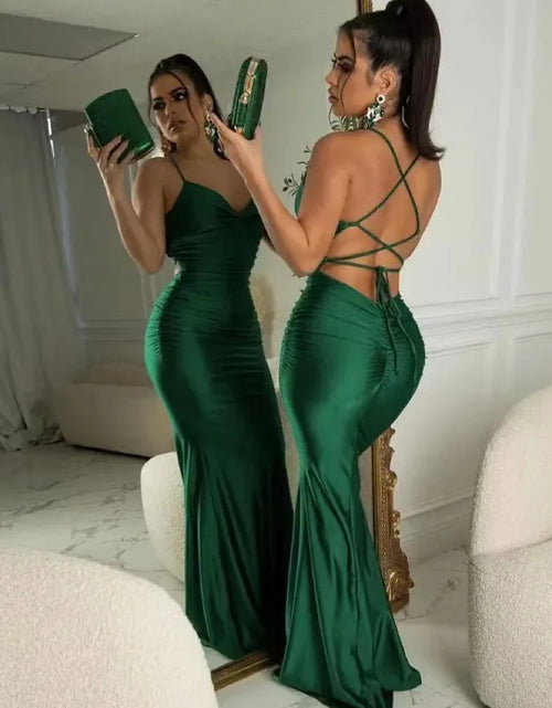 Load image into Gallery viewer, Sexy Lace-Up Backless Satin Maxi Dress – Solid Bodycon Evening Party Dress for Women
