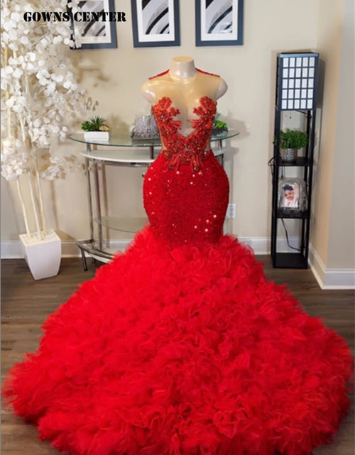 Load image into Gallery viewer, Crimson Luxe: Designer Red Beaded Crystal Tulle Mermaid Gown with Ruched Train
