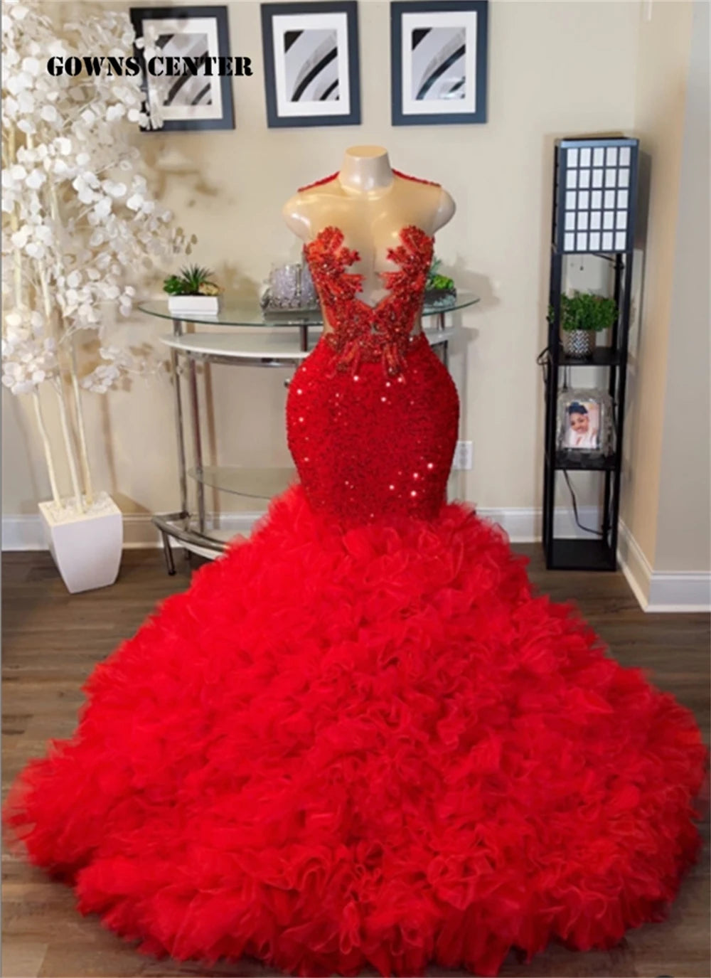 Crimson Luxe: Designer Red Beaded Crystal Tulle Mermaid Gown with Ruched Train