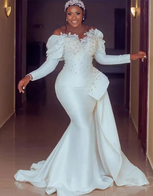 Load image into Gallery viewer, African-Inspired Sexy Mermaid Wedding Dress with Sheer Neck, Long Sleeves &amp; Pearl Beading
