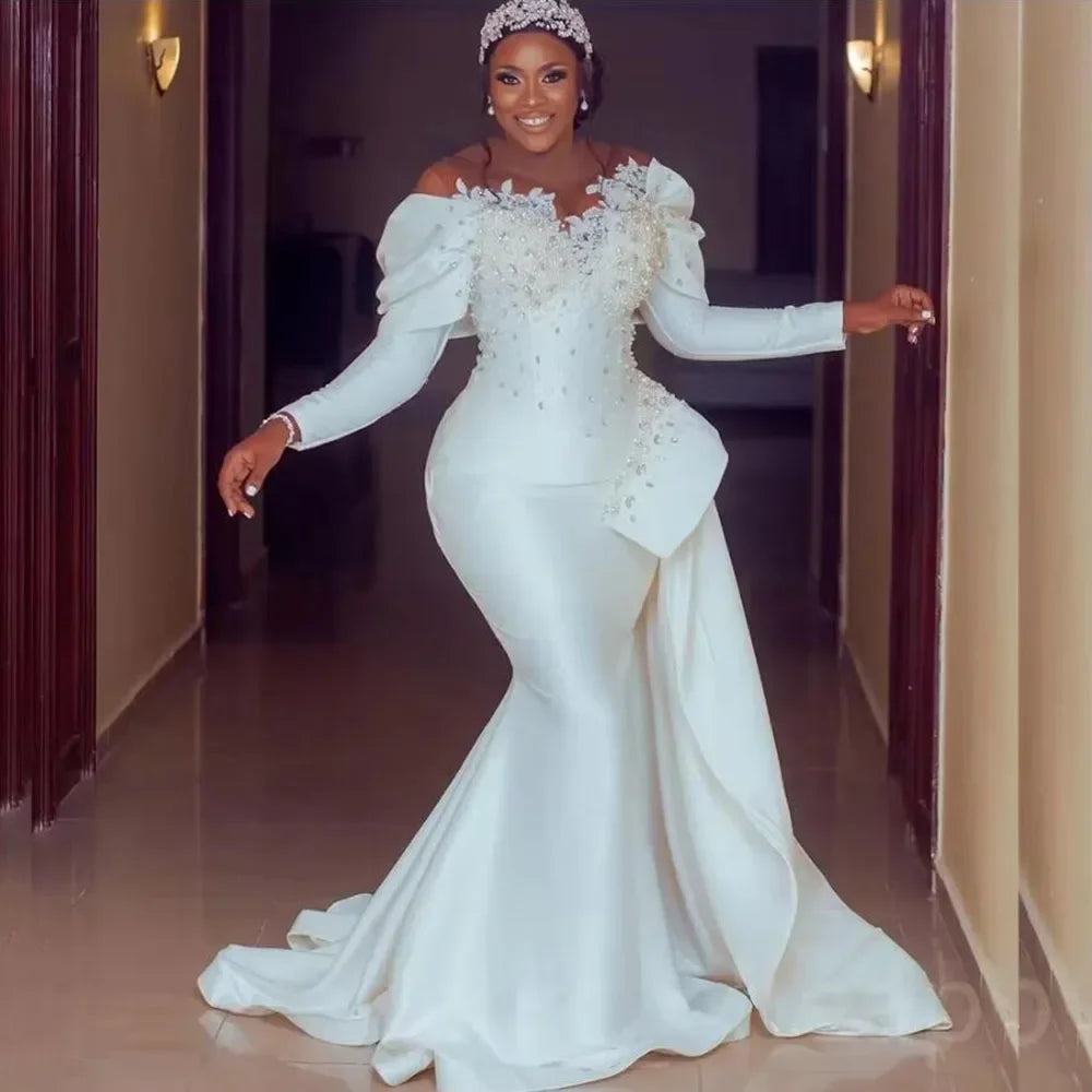 African-Inspired Sexy Mermaid Wedding Dress with Sheer Neck, Long Sleeves & Pearl Beading