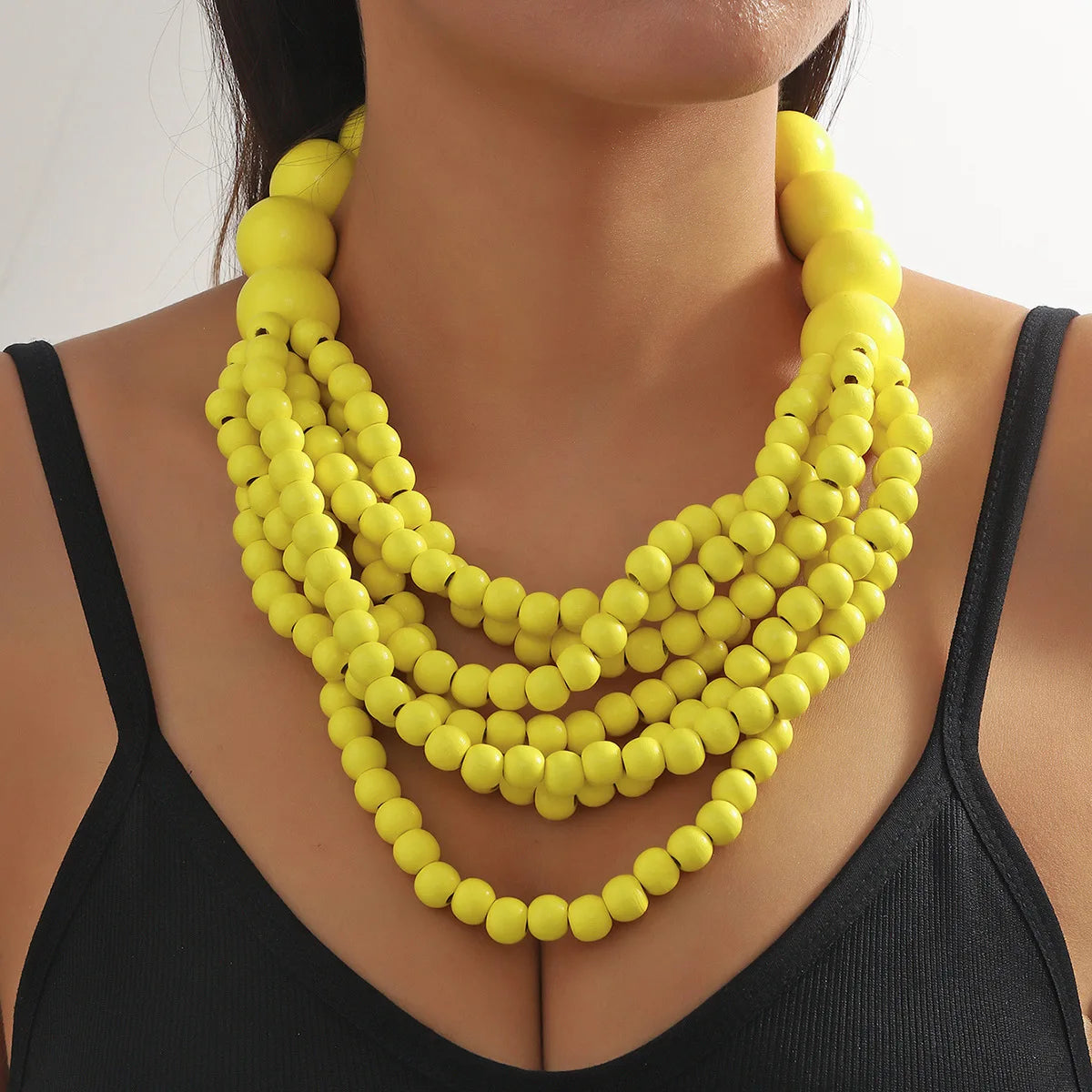 African Style Bohemian Multi-layer Wooden Bead Handmade Beaded Bib Necklace For Women