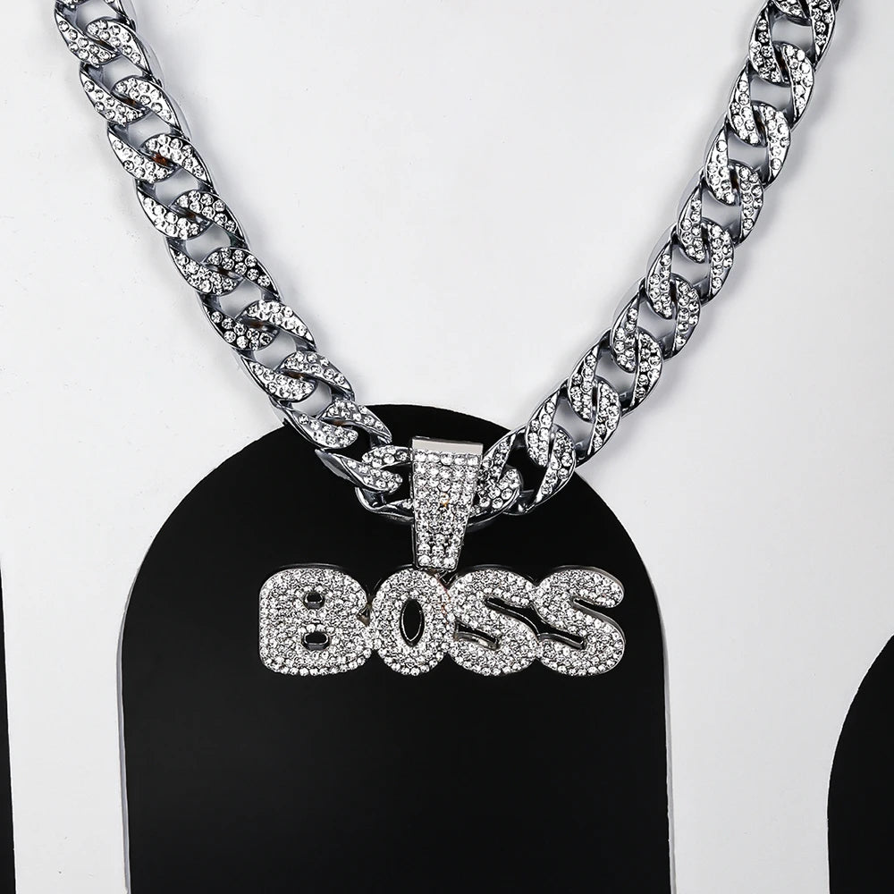 BOSS Cuban Chain Necklace – Bling Letter Choker for Hip Hop & Goth Style