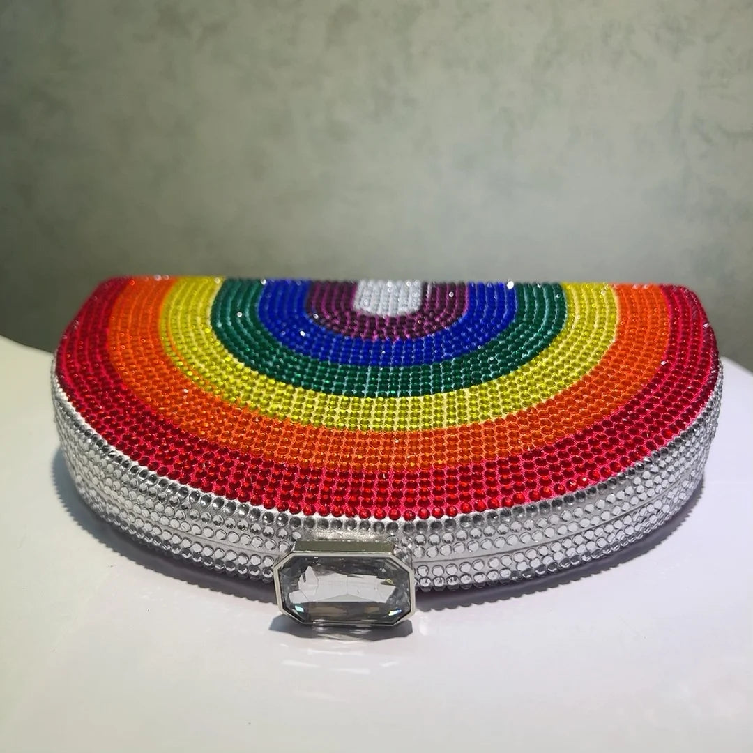 Rainbow Crystal Half-Moon Clutch – Luxury Rhinestone Evening Bag for Weddings & Parties