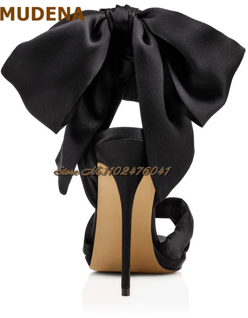 Load image into Gallery viewer, Satin Bowtie Sandals: Stiletto Heels with Silk Lace-up Elegance
