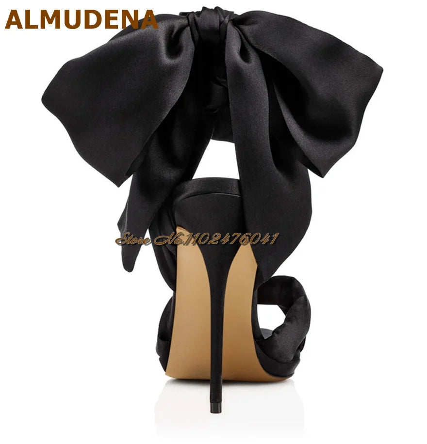 Satin Bowtie Sandals: Stiletto Heels with Silk Lace-up Elegance